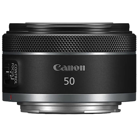 RF 50mm F1.8 STM Lens Bundle With UV Filter And Lens Cap Keeper for Low Light Portraits, front view of the lens.