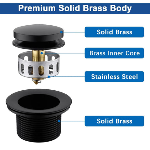 Exploded view of Tip-Toe Tub Drain Kit In Matte Black with Solid Brass Build, stainless steel inner core, and basket strainer.