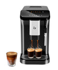 Kickstart Your Daily Brew With This Legit Fully Automatic Espresso Maker Featuring A Built In Grinder 20 Bar High Pressure Pump And Zero Hassle Milk Frother For Smooth Lattes And Rich Cappuccinos At Home next to two espresso shots.