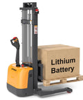 Rugged Heavy Duty Electric Lithium Pallet Stacker Cranks Up To 3300 Lbs With A Snappy 98 Inch Lift Height next to a box on a pallet.