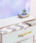 Drawer with 7.56 Inch Cabinet Handles In Brushed Brass, Sleek Dope Solid Zinc Alloy Drawer Pulls with Backplate, on white furniture.