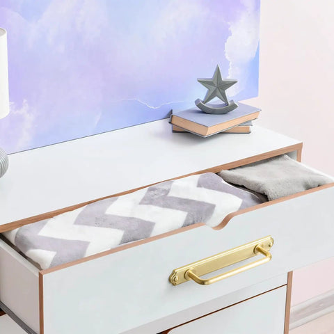 Drawer with 7.56 Inch Cabinet Handles In Brushed Brass, Sleek Dope Solid Zinc Alloy Drawer Pulls with Backplate, on white furniture.