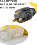 Heavy Duty 25 Ft Generator Extension Cord With Locking NEMA L5-30P And Three 5-15R Receptacles, 10 Gauge Flexible Power Cable, 30 Amp