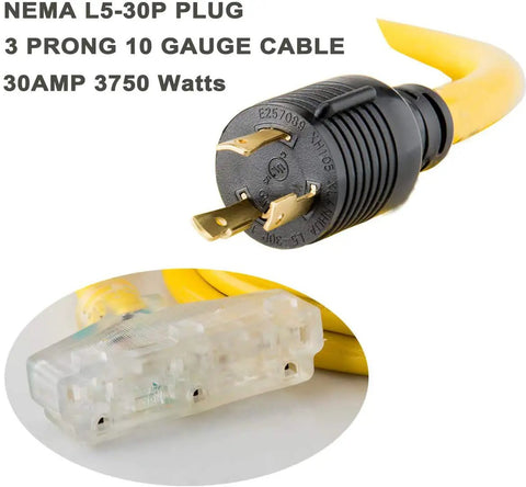 Heavy Duty 25 Ft Generator Extension Cord With Locking NEMA L5-30P And Three 5-15R Receptacles, 10 Gauge Flexible Power Cable, 30 Amp