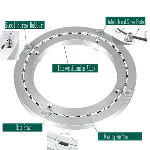 Large Lazy Susan Turntable With Silky Smooth Silent Spin Heavy Duty Aluminum Alloy Base — detailed view of aluminum alloy base parts.