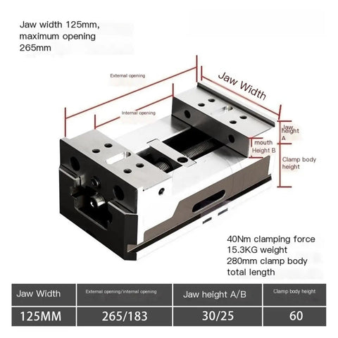 Heavy Duty Five Inch Self Centering Vise With Rock Solid Parallel Jaws showing dimensions and features for CNC machining and pipe clamping.