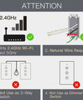 Installation requirements for Smart WiFi Wall Light Switch With Glass Panel, including 2.4GHz Wi-Fi and neutral wire.