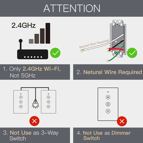 Installation requirements for Smart WiFi Wall Light Switch With Glass Panel, including 2.4GHz Wi-Fi and neutral wire.