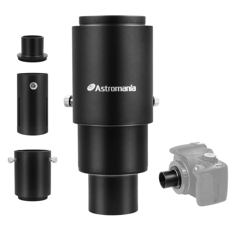 Extendable Telescope Camera Adapter with 1.25 Inch T Adapter for Prime Focus, metal build, shown with camera attachment.