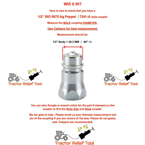 Hydraulic Quick Coupling Pressure Relief Tool For Half Inch Pioneer Ag Poppet Style Fittings ISO 7241 A 5675 Compatible Kubota John Deere And Other Compact Tractors Easy Hookup Pro Grade Performance with measurement guide