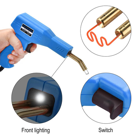 Ultimate Plastic Weld Kit For Bumper Repairs with Hot Stapler Welding Gun showing switch, front lighting, and staple detail
