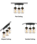 Three Light Mason Jar Pendant Chandelier For Farmhouse Kitchen And Dining Room, Adjustable Ceiling Light Fixture with Glass Jars shown on flat, sloped, and vaulted ceilings.
