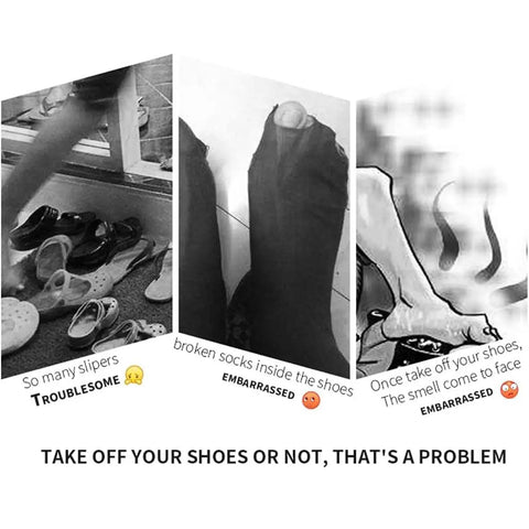 Image showing shoe issues: many slippers, torn socks, and foot odor concerns, expressing shoe cover usage need.