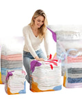 Woman compressing Two Large and Two Jumbo No-Pump Compression Bags for Clothes and Blankets, Vacuum-Free Storage Solution