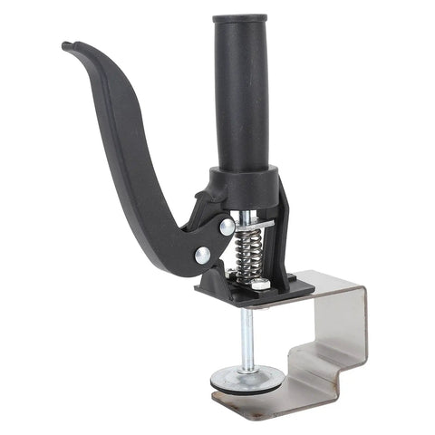 No Sweat Quick Release Drawer Installation Jig With Heavy Duty Press Clamp And Non Slip Grip Pads For Perfect Cabinet Alignment close-up of press clamp tool.