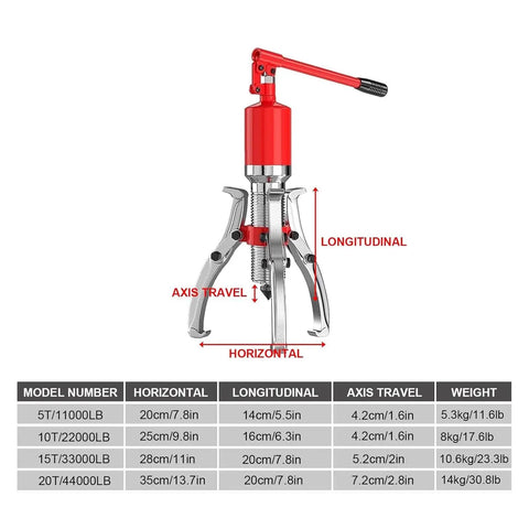 Heavy Duty Hydraulic Gear Puller Bearing Remover For Wheels Axles Parts, shown with measurements and specifications for easy use.