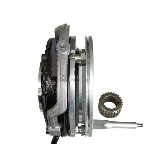 Electromagnetic brake clutch assembly; side view shows metal housing, exposed shaft, and toothed ring