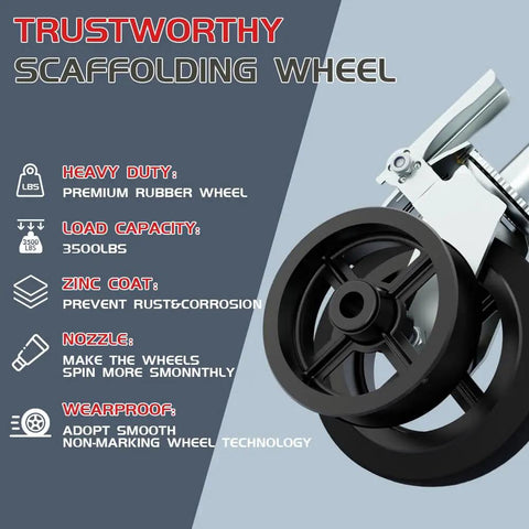 Close-up of 8 Inch Scaffolding Wheels Set Of 4 Heavy Duty Locking Casters highlighting durable rubber and corrosion-resistant zinc coating.