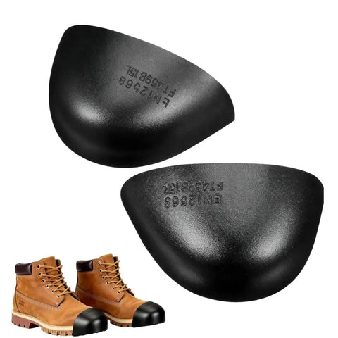 Rugged Steel Toe Covers For Boots And Shoes, Tough-As-Nails Toe Caps, Removable Metal Toe Inserts For Work Boots shown next to boots