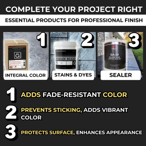 Image showing three products: Integral Color, Powder Release Stains & Dyes, and GA-20 Sealer for concrete projects.