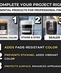 Three containers labeled Integral Color, Stains & Dyes, Sealer for concrete with uses: adds color, prevents sticking, protects surface.