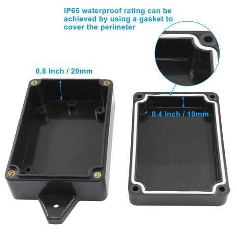 4 Pack IP65 Waterproof Junction Boxes Outdoor Project Case Made From Durable ABS Plastic With Fixed Ears, 3.3 x 2.3 x 1.3 Inch Electrical Utility Box For Weatherproof Outdoor Power Junctions, Black, open view showing interior and gasket detail