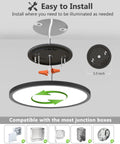 Easy installation guide for Two Pack 12 Inch LED Flush Mount Ceiling Light, 28W 5000K Daylight showing parts and junction box compatibility.
