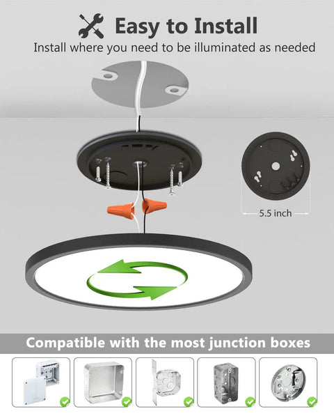 Easy installation guide for Two Pack 12 Inch LED Flush Mount Ceiling Light, 28W 5000K Daylight showing parts and junction box compatibility.