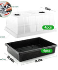 4 Pack Seed Starter Trays With 5 Inch Tall Humidity Domes For Strong Seedlings, showing clear vented lids and tray dimensions.