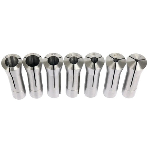 R8 Collets Set 13 Piece Precision Mill Chuck Holder For Bridgeport Machines Shop Ready Size Range 1/8 To 7/8 Inches With.0006 TIR Runout And Drawbar Thread 7 16 20 Hardened And Ground showing row of collets