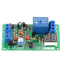Top view of 12V Digital LED Countdown Timer And Delay Relay Module With Adjustable 1 To 99 Seconds Or Minutes Trigger To Connect And Auto Disconnect Dope DIY Automation For Home Projects And Electronics, showing digital display and components.