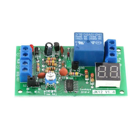 Top view of 12V Digital LED Countdown Timer And Delay Relay Module With Adjustable 1 To 99 Seconds Or Minutes Trigger To Connect And Auto Disconnect Dope DIY Automation For Home Projects And Electronics, showing digital display and components.