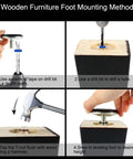 Rock Solid M10x17mm Screw Adjustable Leveling Feet 10 Piece Pack installation steps on wooden furniture support structure.