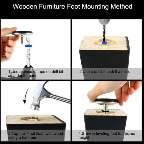 Rock Solid M10x17mm Screw Adjustable Leveling Feet 10 Piece Pack installation steps on wooden furniture support structure.