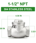 Front view of 1-1/2 in NPT female swing check valve, 304 stainless steel, backflow prevention.