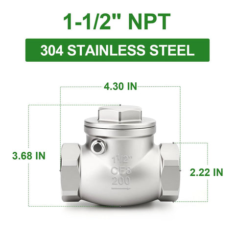 Front view of 1-1/2 in NPT female swing check valve, 304 stainless steel, backflow prevention.