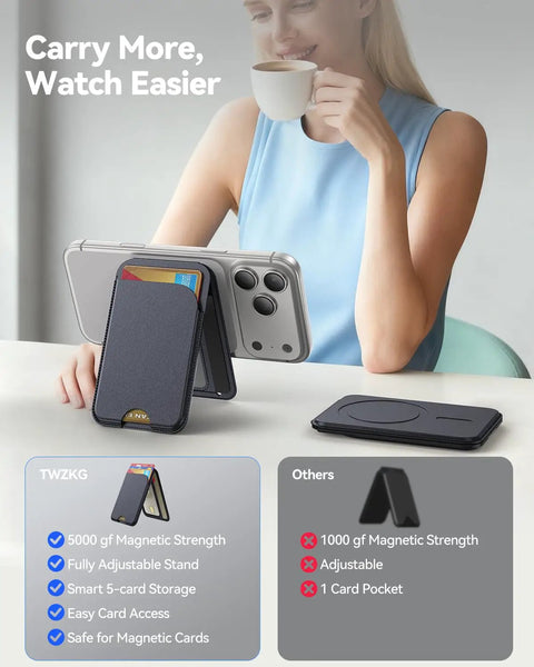 Woman using black MagSafe Wallet With Five Card Slots And Stand, Magnetic Phone Wallet for iPhone 12-17, RFID Blocking Vegan Leather