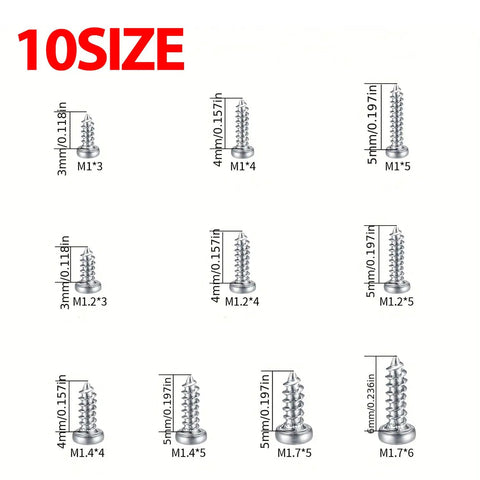 10 sizes of screws in the 600 Piece M1 To M1.7 Miniature Self Tapping Screws Set Crosshead Carbon Steel Kit for home projects.