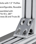8 Hole Aluminum Inside Corner Gusset L Bracket For 80/20 Extrusion Systems, installed with 1.5 inch profiles, clear anodize finish