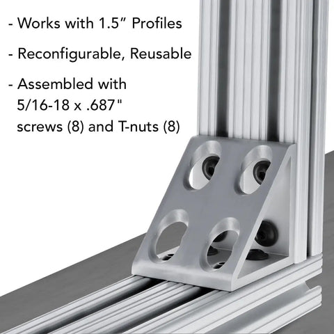 8 Hole Aluminum Inside Corner Gusset L Bracket For 80/20 Extrusion Systems, installed with 1.5 inch profiles, clear anodize finish