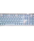 Premium PBT Keycaps With Dope Colorway And Ergonomic Arc Fit Smooth Typing Feel Hella Durable Oil Resistant Texture Perfect 108 Keys Layout For Gaming Rigs And Productivity Workstations In Light Blue Finish on a transparent keyboard