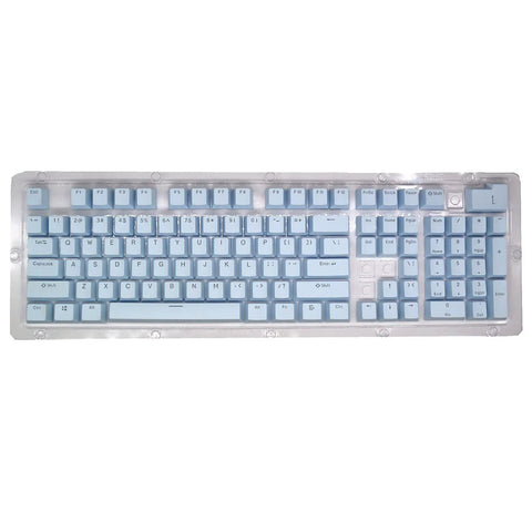 Premium PBT Keycaps With Dope Colorway And Ergonomic Arc Fit Smooth Typing Feel Hella Durable Oil Resistant Texture Perfect 108 Keys Layout For Gaming Rigs And Productivity Workstations In Light Blue Finish on a transparent keyboard
