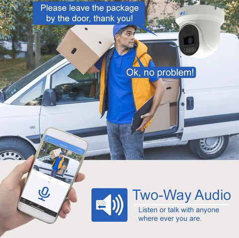 Heavy Duty 64 Channel 4K PoE Security Camera Rig With 48 Weatherproof Bullet Cameras Featuring Face Recognition Two Way Audio And Rock Solid Color Night Vision For Hassle Free Monitoring with delivery person near van.