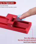 Dead On Adjustable Circular Saw Guide Rail For Slick Straight Cuts Compatible With Saw Bases Up To 13 Inches, showing press-to-lock buckle.