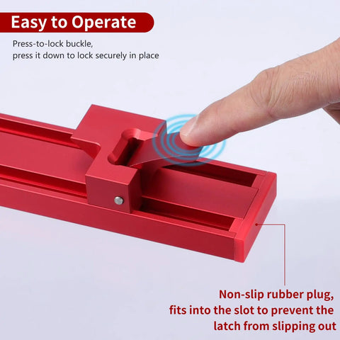 Dead On Adjustable Circular Saw Guide Rail For Slick Straight Cuts Compatible With Saw Bases Up To 13 Inches, showing press-to-lock buckle.