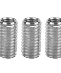 Front view of three stainless steel thread inserts (sleeves) with external threads for machinery repair