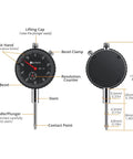 Diagram of Pro Grade 0-1 Inch And 0.001 Inch Dial Indicator Kit With Magnetic Base And Case, showing labeled parts and measurements.