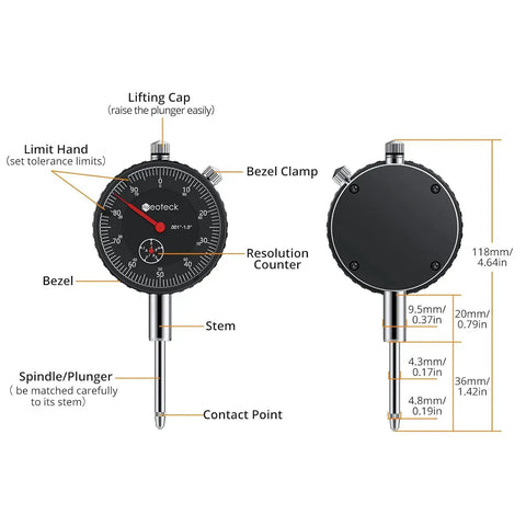 Diagram of Pro Grade 0-1 Inch And 0.001 Inch Dial Indicator Kit With Magnetic Base And Case, showing labeled parts and measurements.