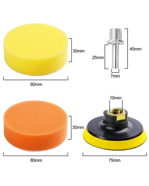 Pro Grade 22 Piece Drill Buffing Pads Kit For Car Polishing Smoothing And Waxing With 16 Foam 3 Inch Pads shown with measurements