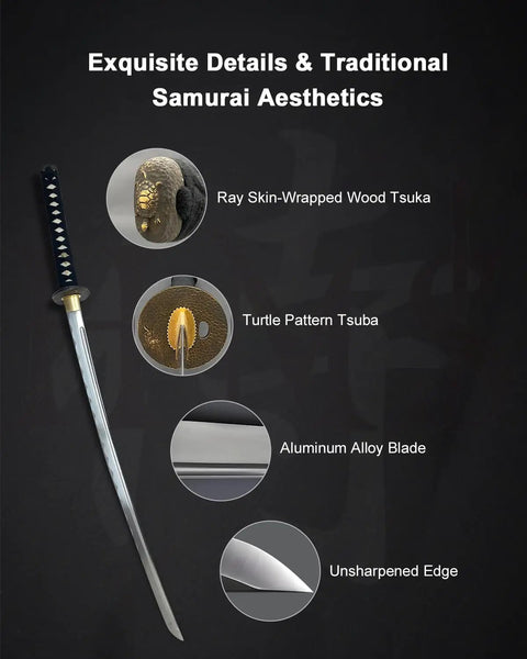 Image of Safe Unsharpened Aluminum Iaito for Iaido Practice and Display with details of turtle tsuba, 28.3 inch katana sword.